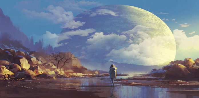 scenery of lonely woman looking at another earth, illustration painting