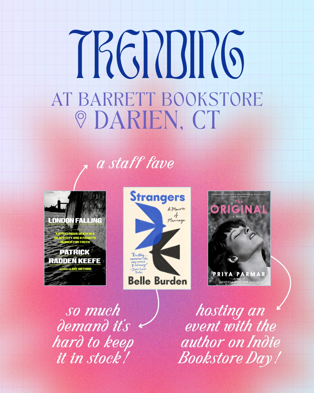 Trending at Barrett Bookstore, Darien, CT

London Falling: A Mysterious Death in a Gilded City and a Family's Search for Truth by Patrick Radden Keefe (staff fave)
Strangers by Belle Burden (so much demand it's hard to keep in stock!)
The Original (hosting an event with the author on Indie Bookstore Day!)